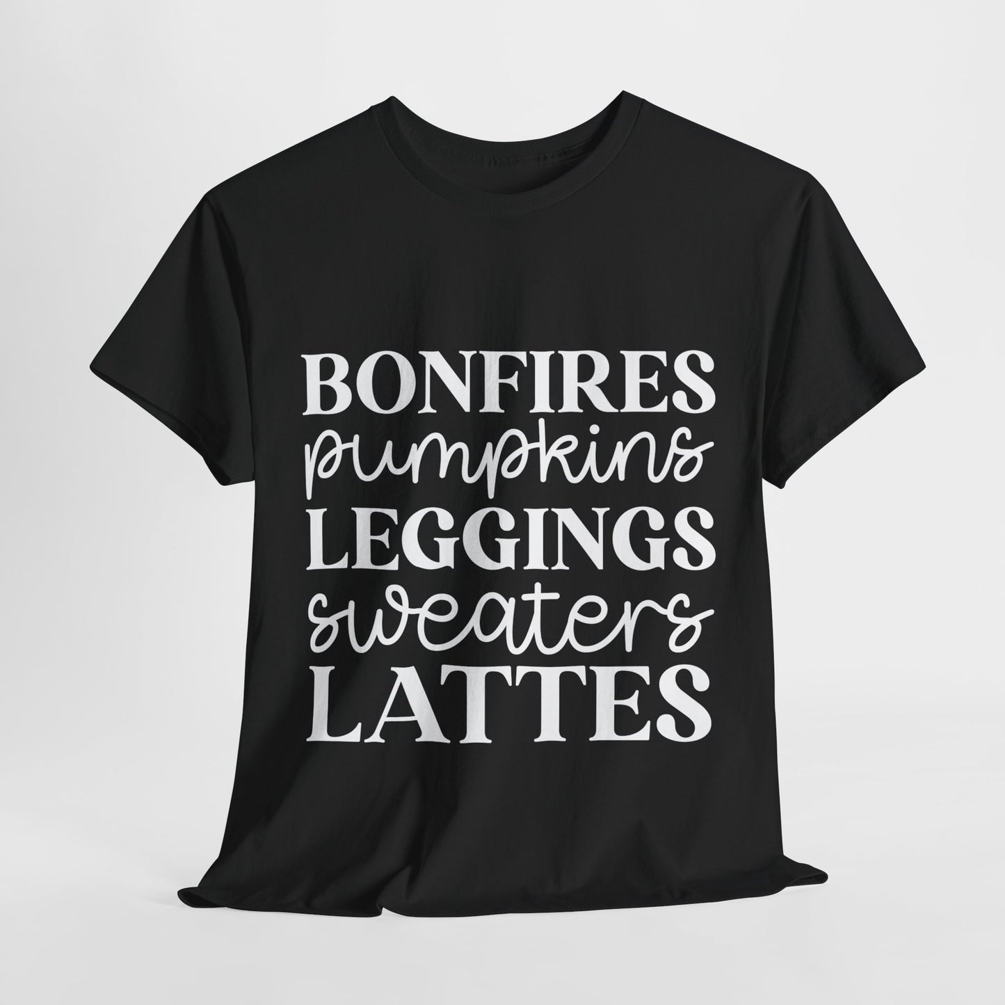 Bonfires Pumpkins Lattes Sweaters White Lettering Unisex Heavy Cotton Tee