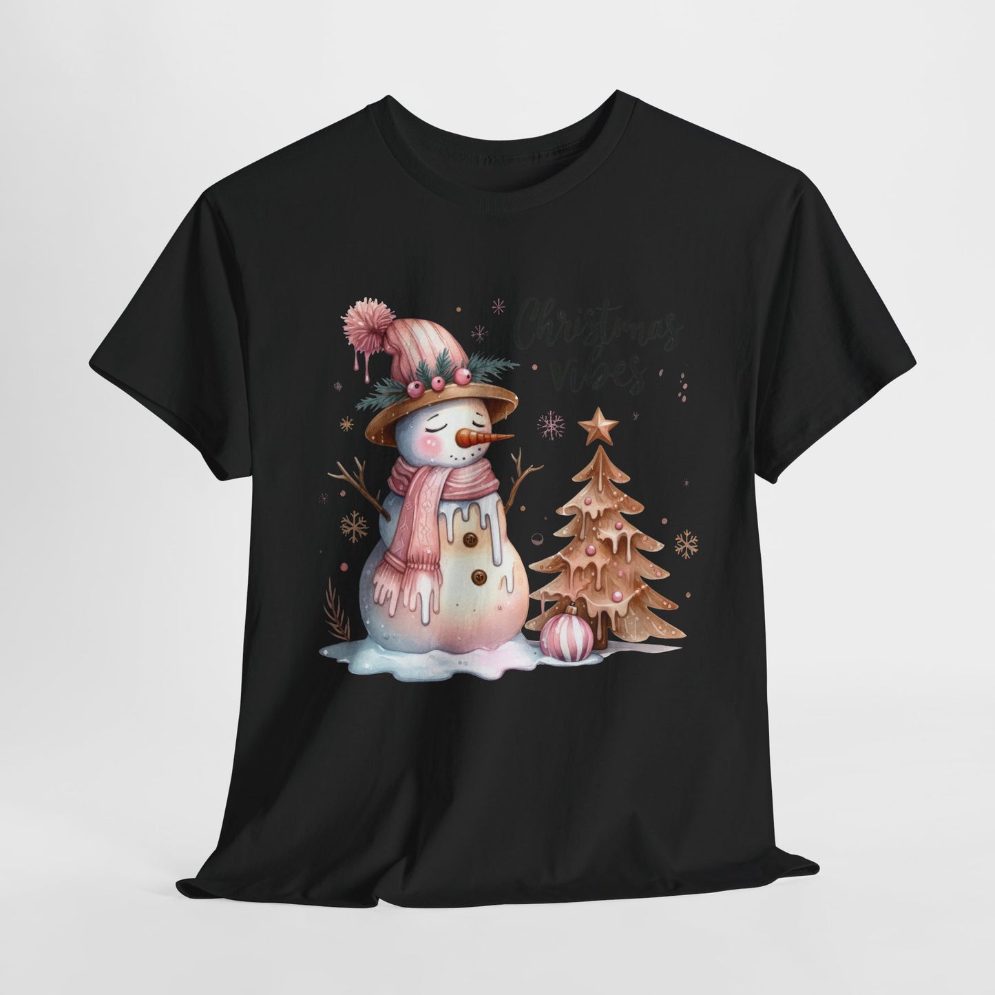 Snowman Pink Christmas Vibes Heavy Cotton Tee