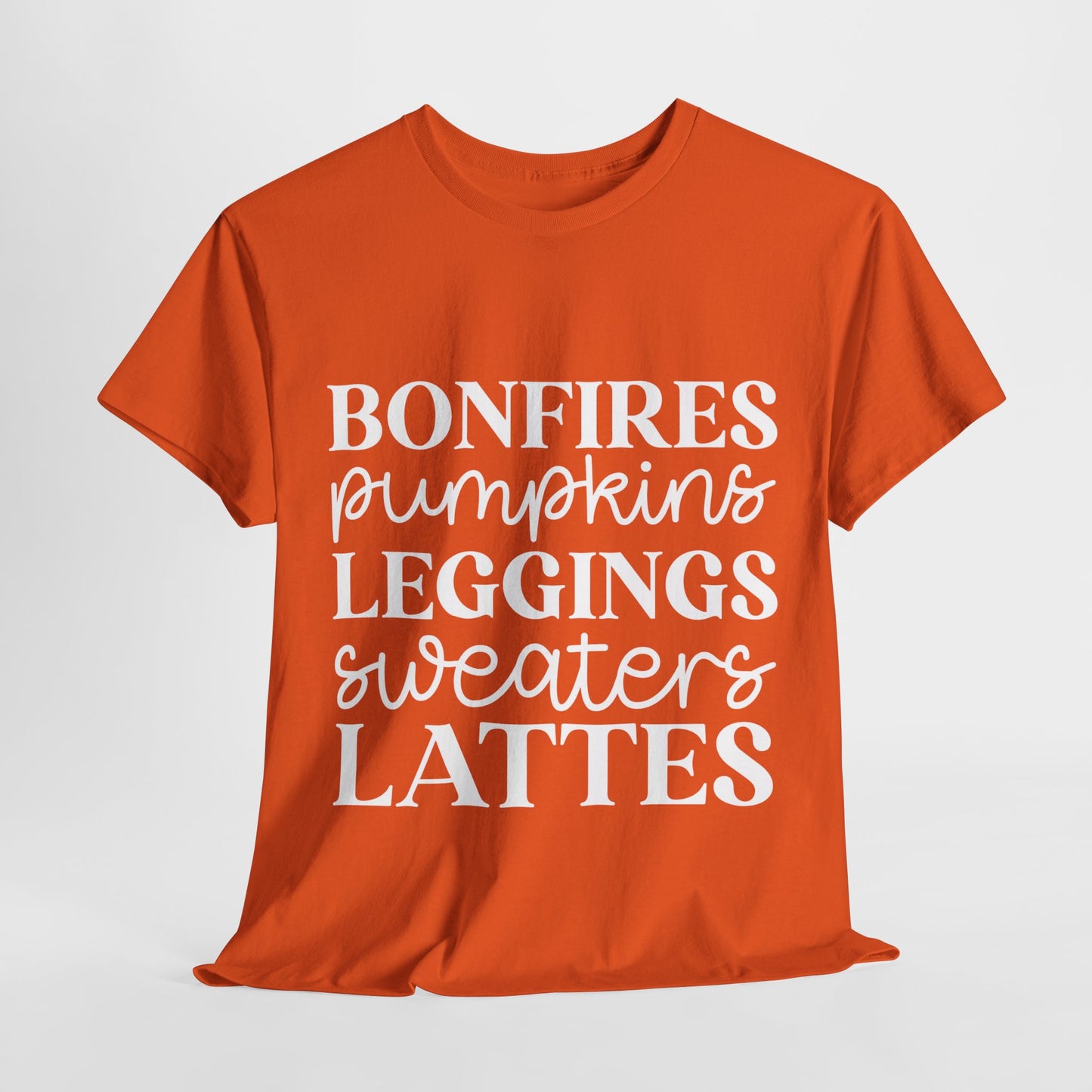 Bonfires Pumpkins Lattes Sweaters White Lettering Unisex Heavy Cotton Tee