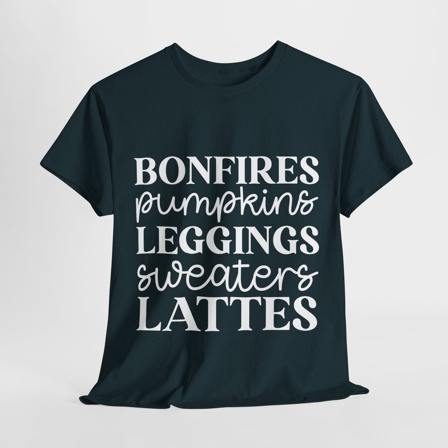 Bonfires Pumpkins Lattes Sweaters White Lettering Unisex Heavy Cotton Tee