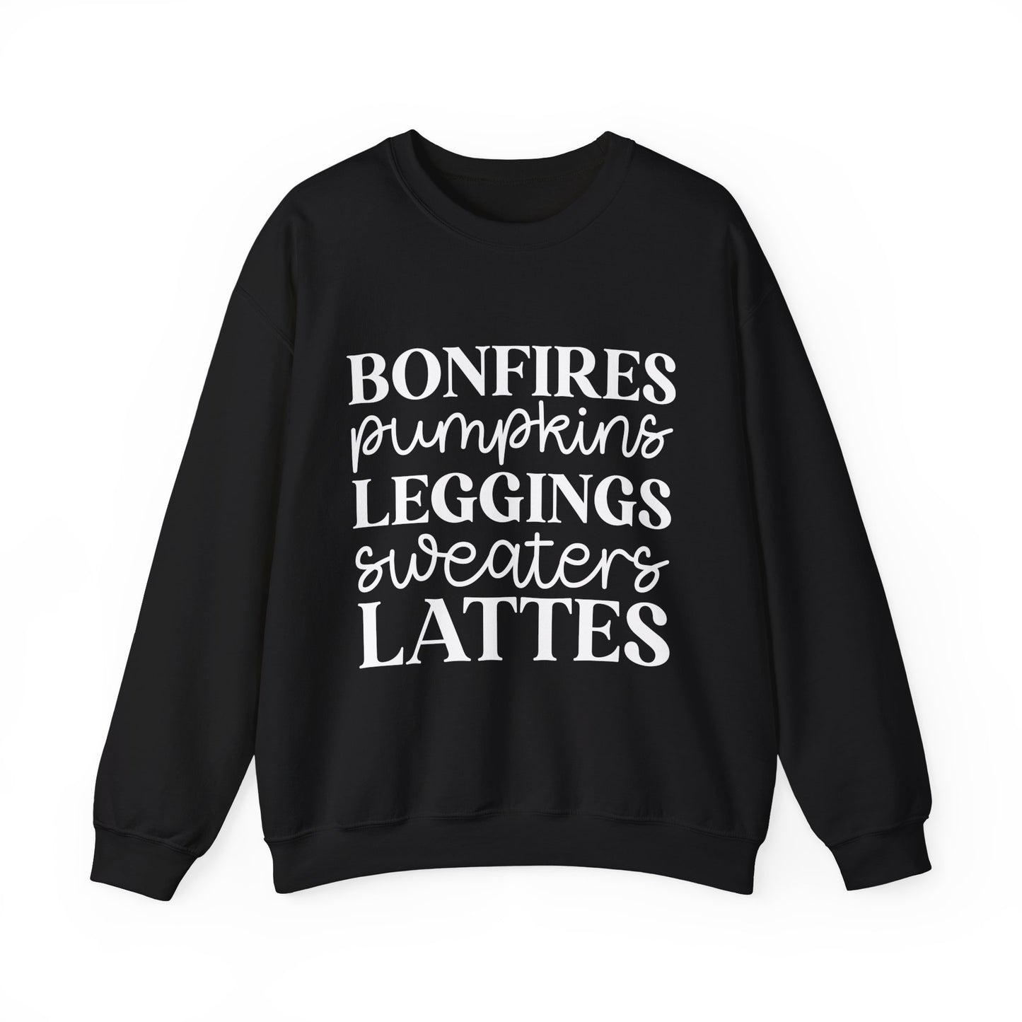 Bonfires Pumpkins Lattes Sweaters White Lettering Unisex Heavy Blend™ Crewneck Sweatshirt