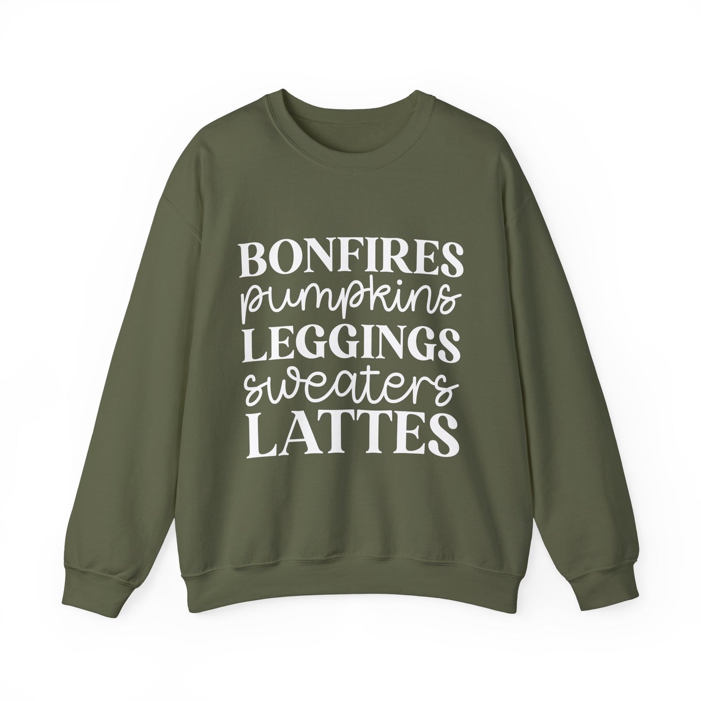 Bonfires Pumpkins Lattes Sweaters White Lettering Unisex Heavy Blend™ Crewneck Sweatshirt