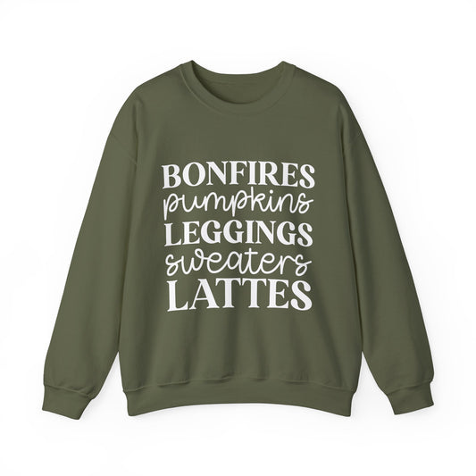 Bonfires Pumpkins Lattes Sweaters White Lettering Unisex Heavy Blend™ Crewneck Sweatshirt