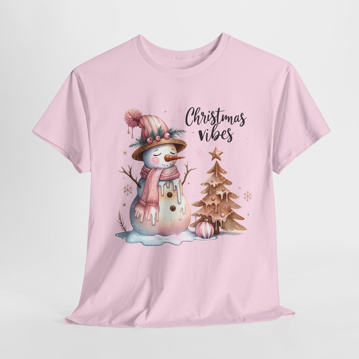 Snowman Pink Christmas Vibes Heavy Cotton Tee