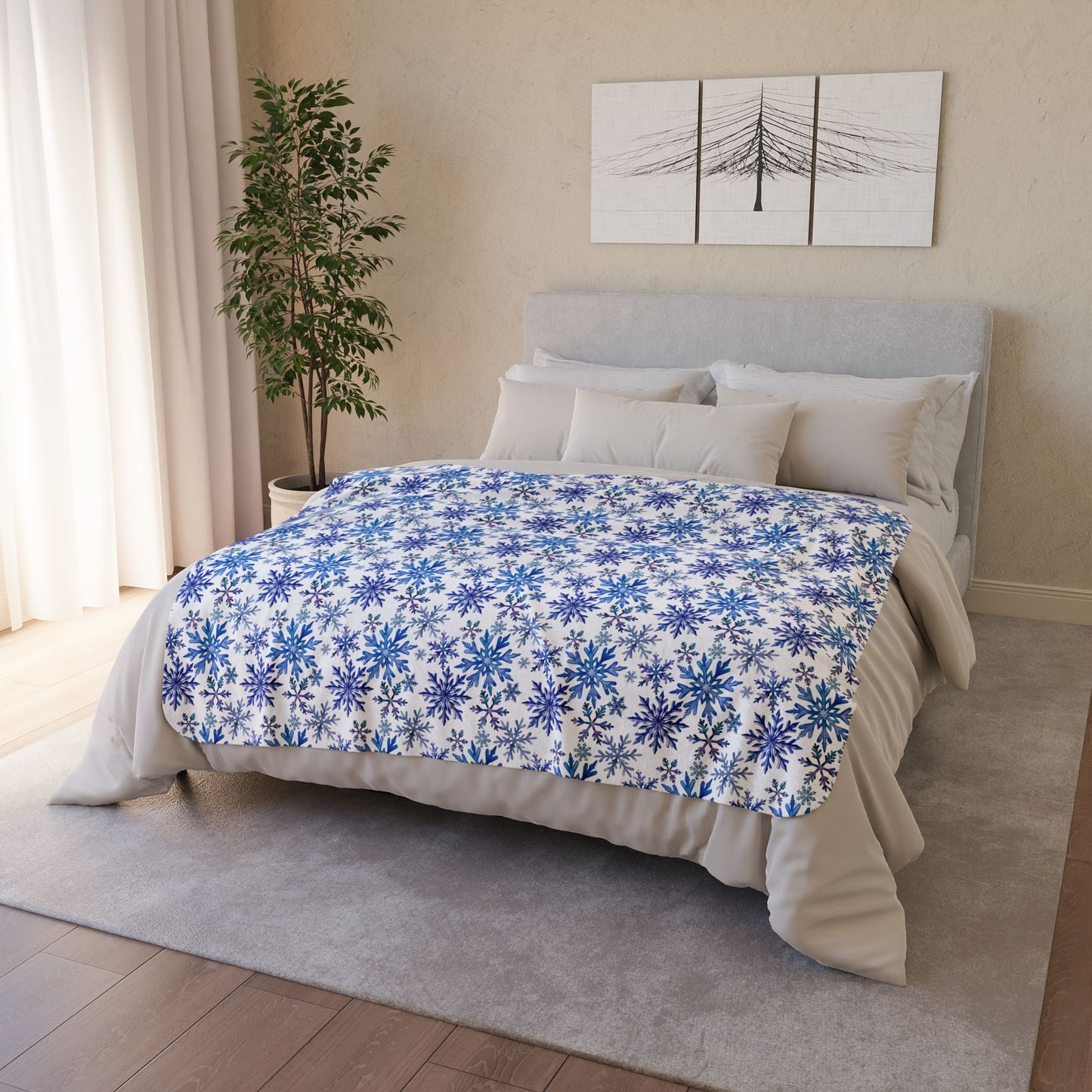 Blue Winter Snowflakes Fleece Sherpa Blanket