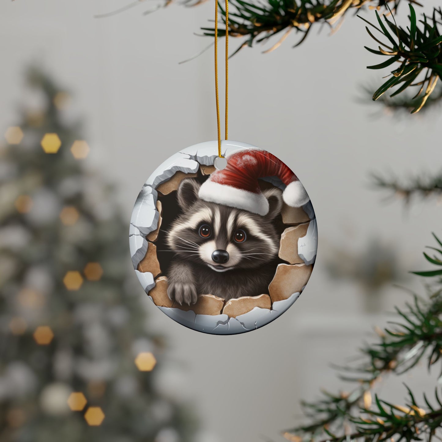 Christmas Raccoon Ceramic Ornament