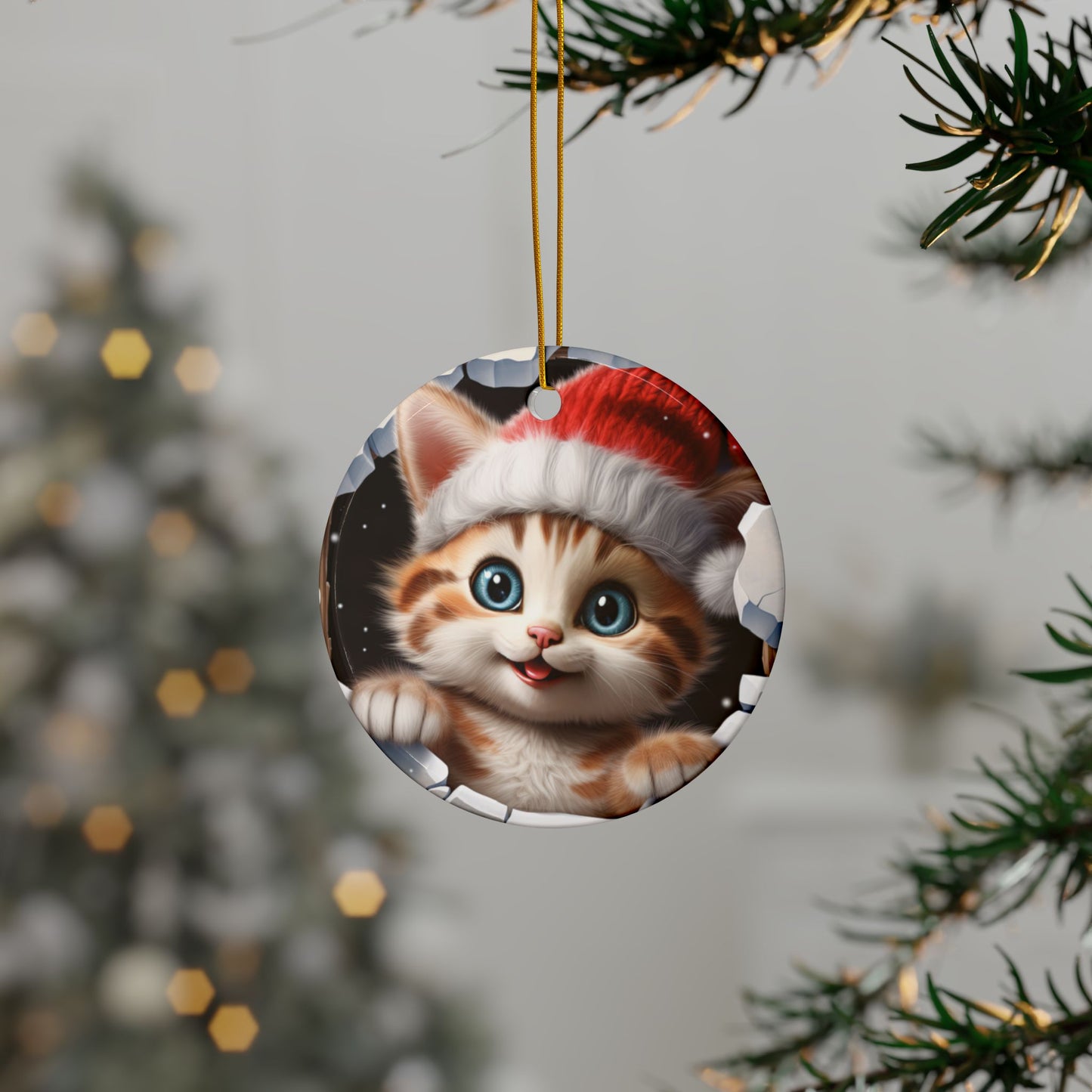 Christmas Kitten Ceramic Ornament