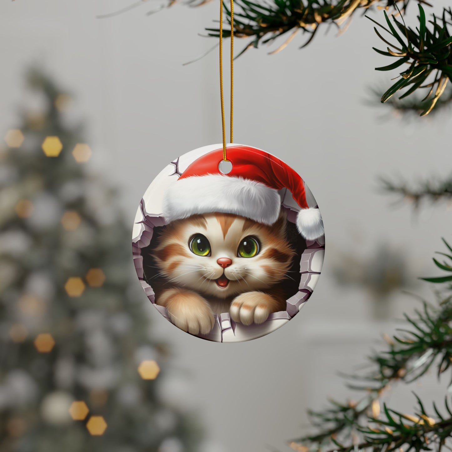 Christmas Kitty Ceramic Ornament