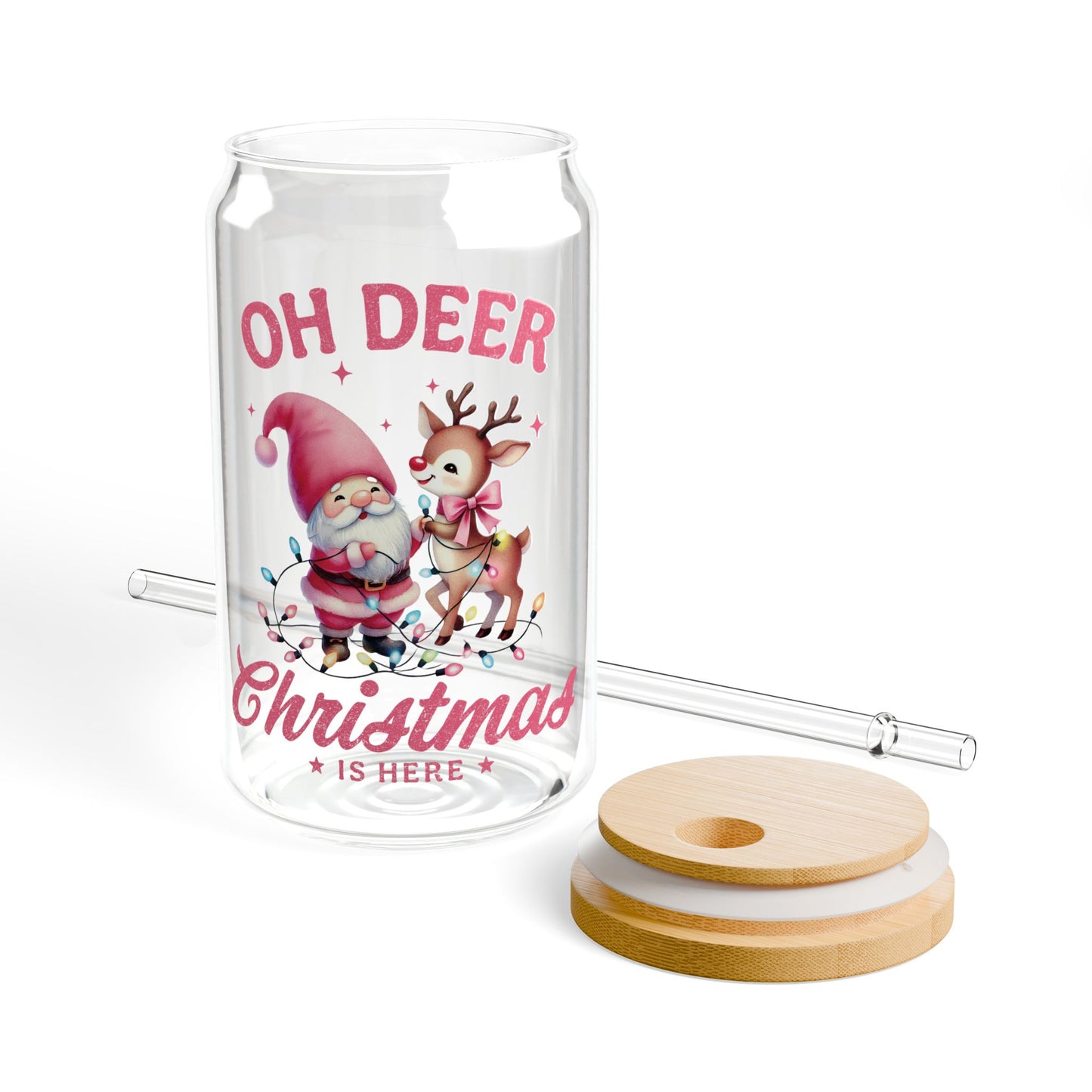 Pink Christmas Deer Sipper Glass