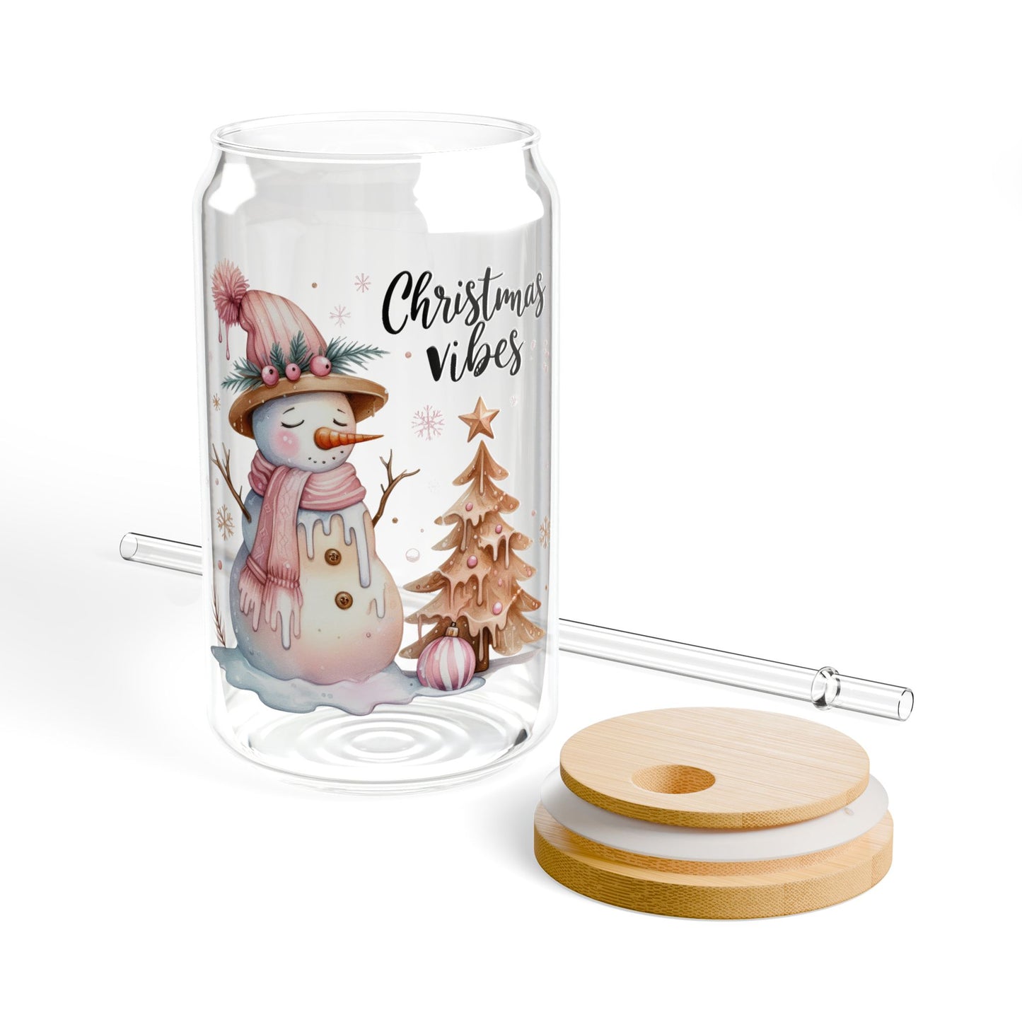 Snowman Pink Christmas Vibes Sipper Glass