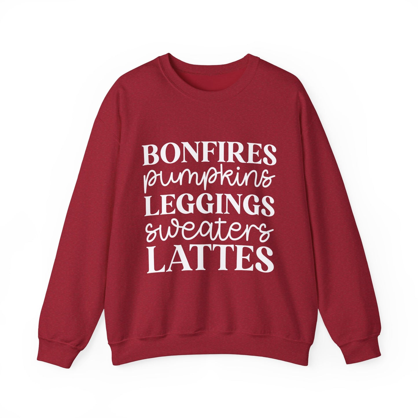 Bonfires Pumpkins Lattes Sweaters White Lettering Unisex Heavy Blend™ Crewneck Sweatshirt