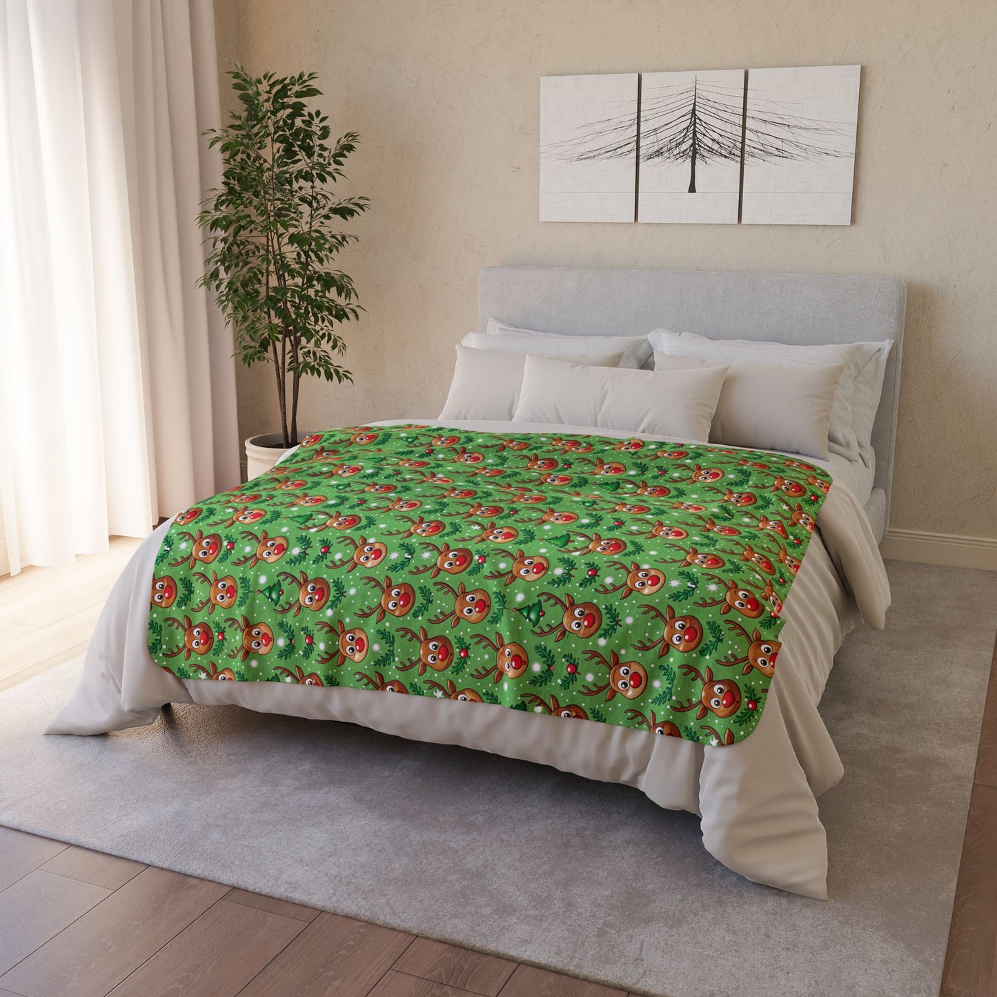 Reindeer Green Fleece Sherpa Blanket