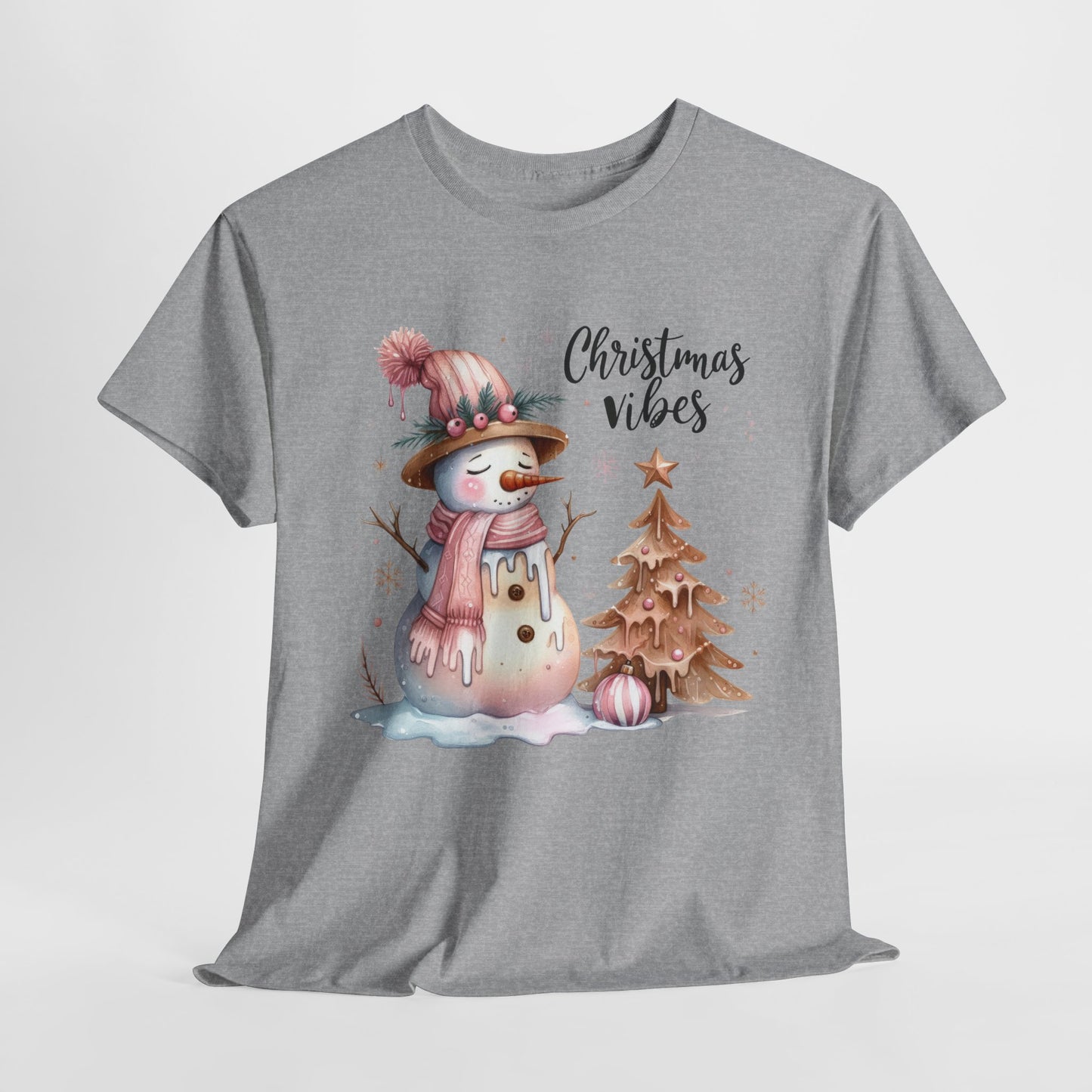 Snowman Pink Christmas Vibes Heavy Cotton Tee