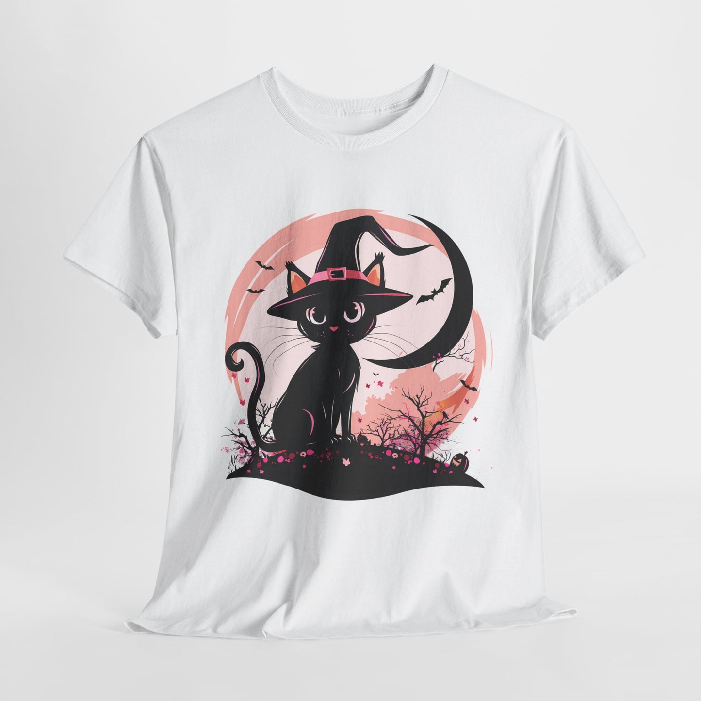 Black Cat Pink Moon Halloween Unisex Heavy Cotton Tee