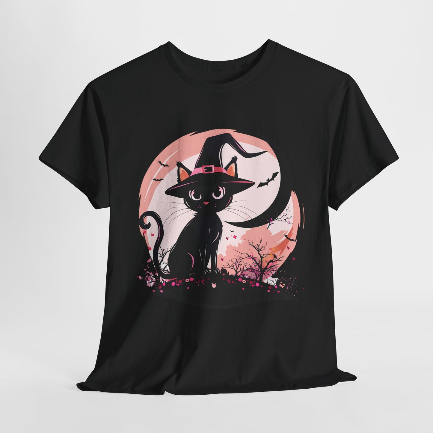 Black Cat Pink Moon Halloween Unisex Heavy Cotton Tee