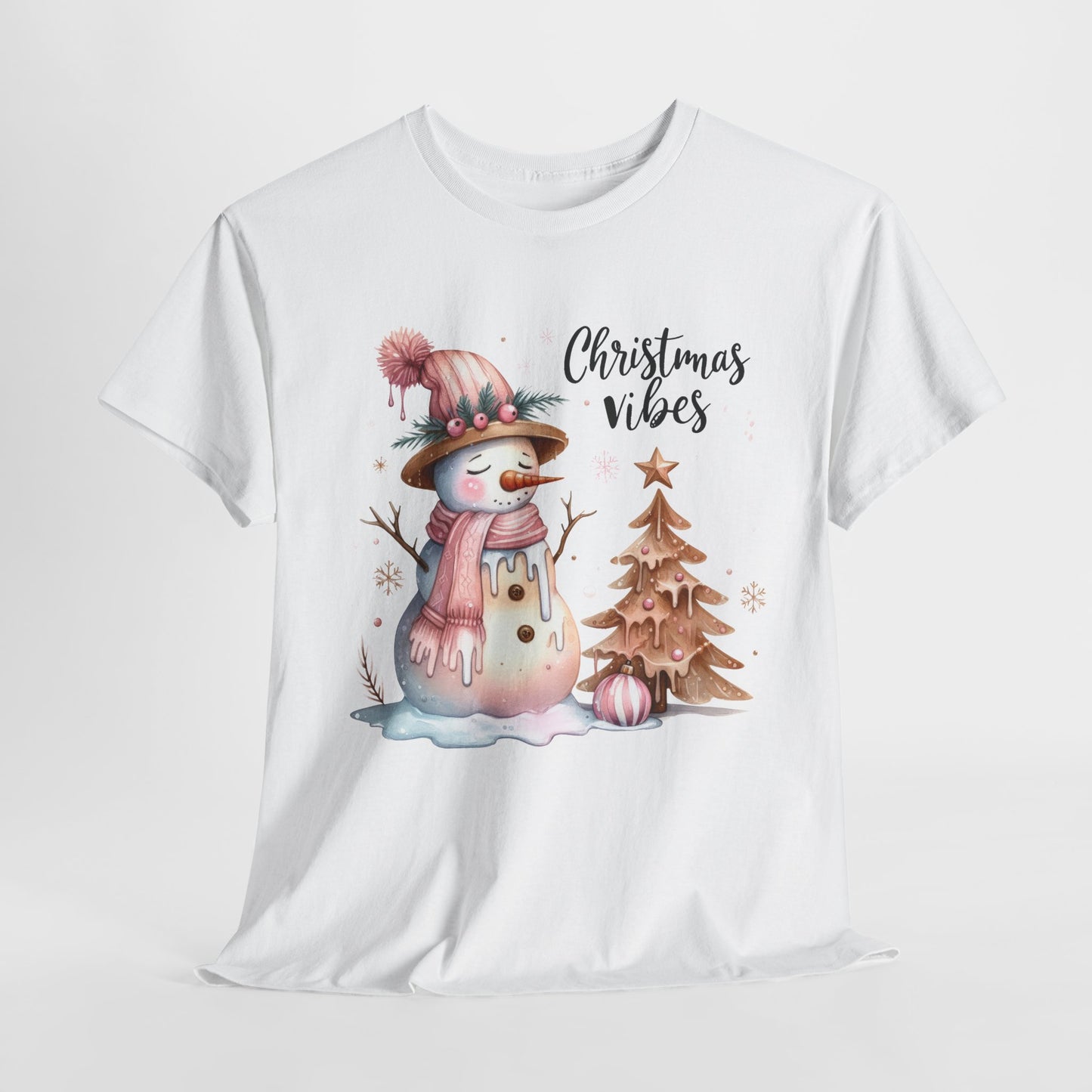 Snowman Pink Christmas Vibes Heavy Cotton Tee